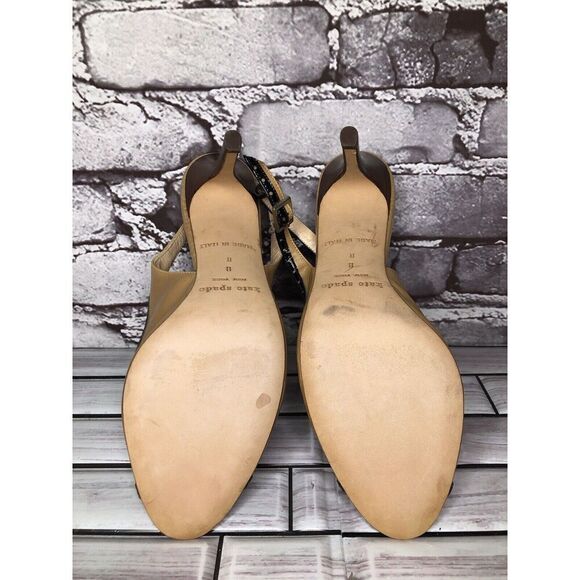 Kate Spade Camel Brown Black Patent Leather  Peep Toe Stiletto Heels Women Sz 8B - Picture 15 of 16